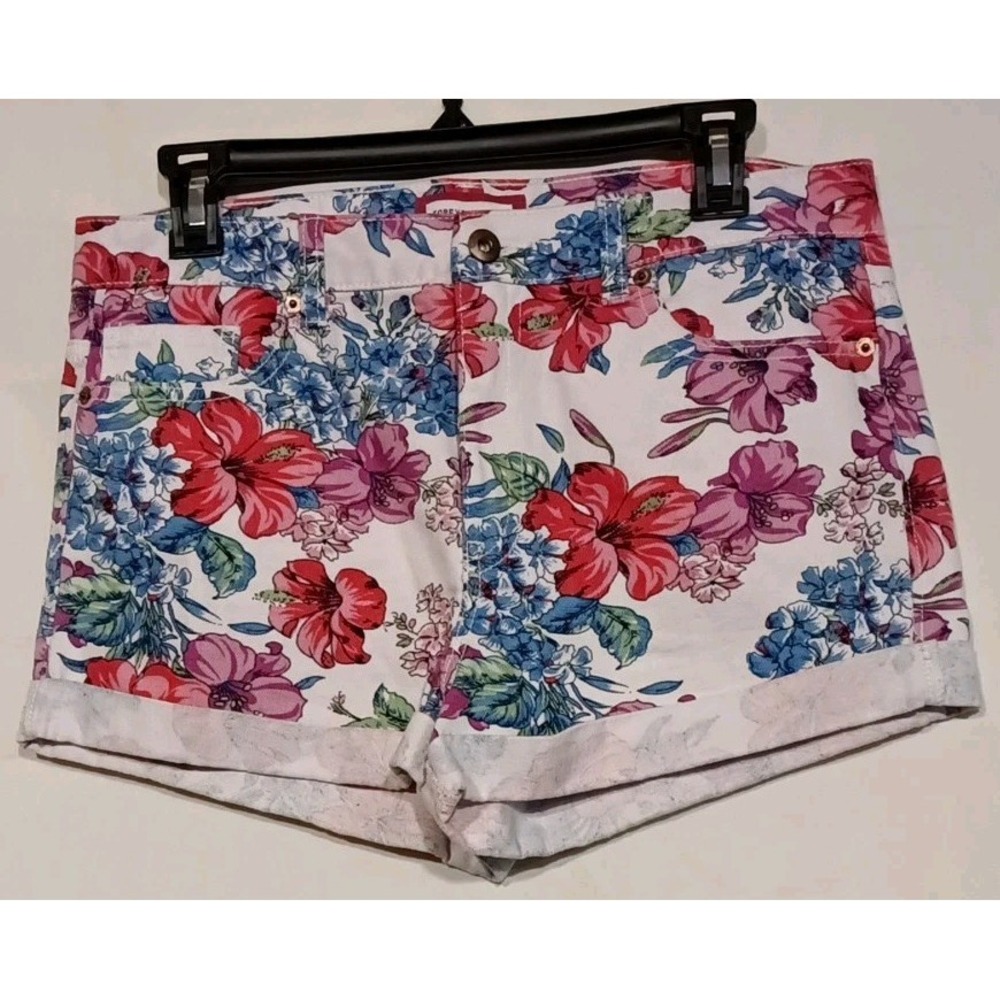 Denim Flower Print Shorts Festival Cottagecore 32" W High Rise Cuff Hem